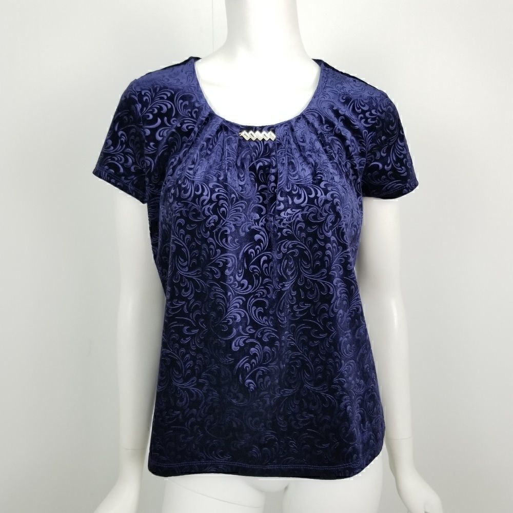 NWT Notations Petites Womens Size Small SP Navy Blue Paisley Embossed Velvet Top